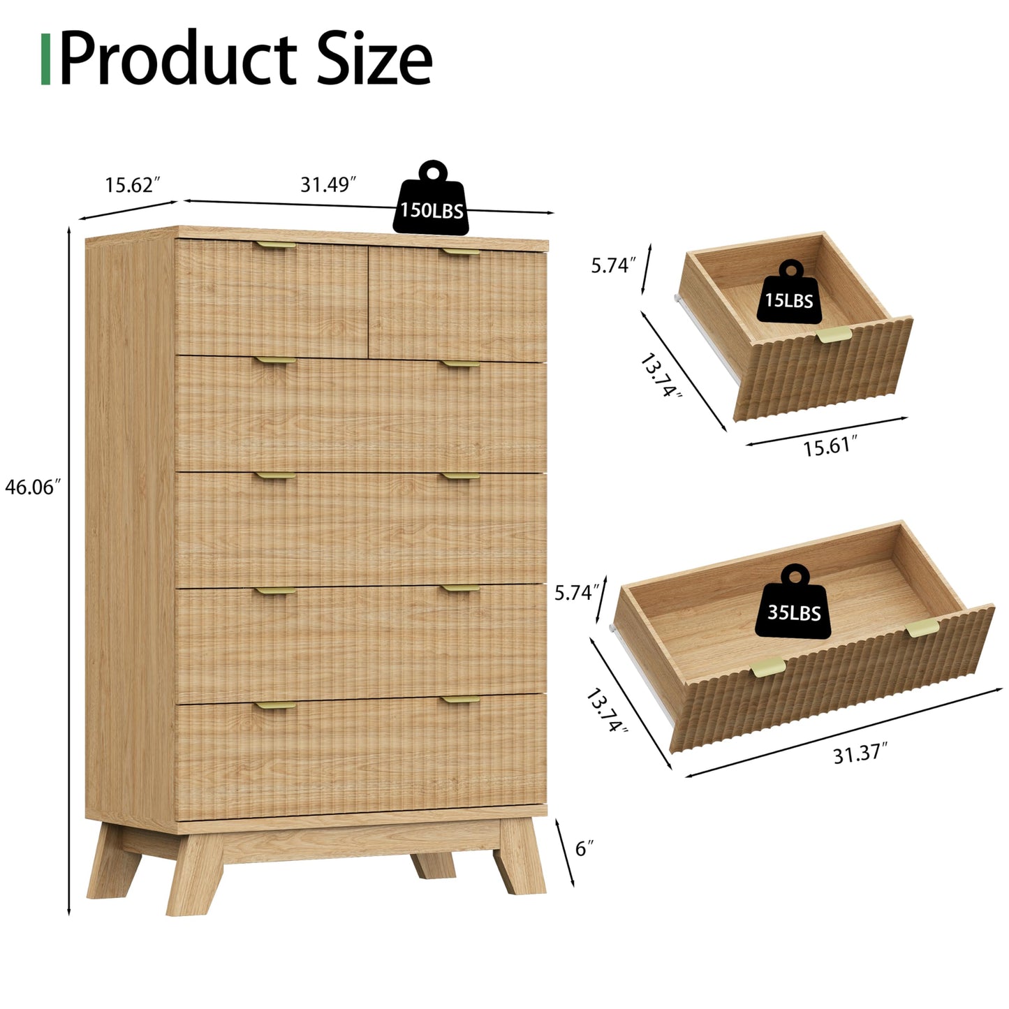 Fluted Dresser for Bedroom with 6 Drawers, 46" Tall Modern Chest of Drawers with Metal Handle, Wooden Dresser TV Stand, Wood Closet Clothes Storage Organizer for Living Room, Hallway, Natural Oak