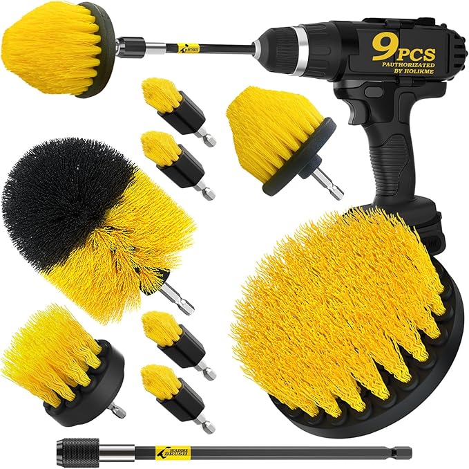 Holikme 9Pack Drill Brush ï¼All Purpose Drill Brush with Extend Attachment for Bathroom Surfaces, Grout, Floor, Tub, Shower, Tile, Kitchen and Carï¼Corner,Masonry Brushesï¼Yellow
