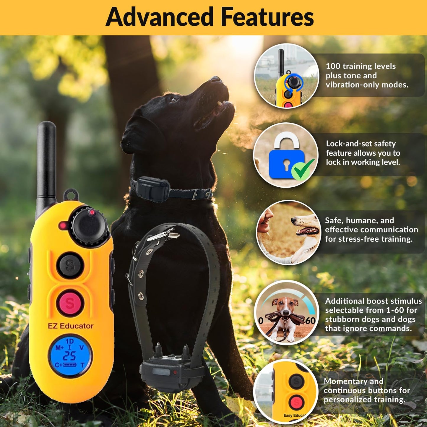 Educator EZ-900 1/2 Mile Dog Training Collar with Ergonomic Remote–Humane Vibration Stimulation & Pavlovian Tone–Waterproof, Rechargeable, Biothane Collar, Night Light–Small & Medium Dogs–Yellow