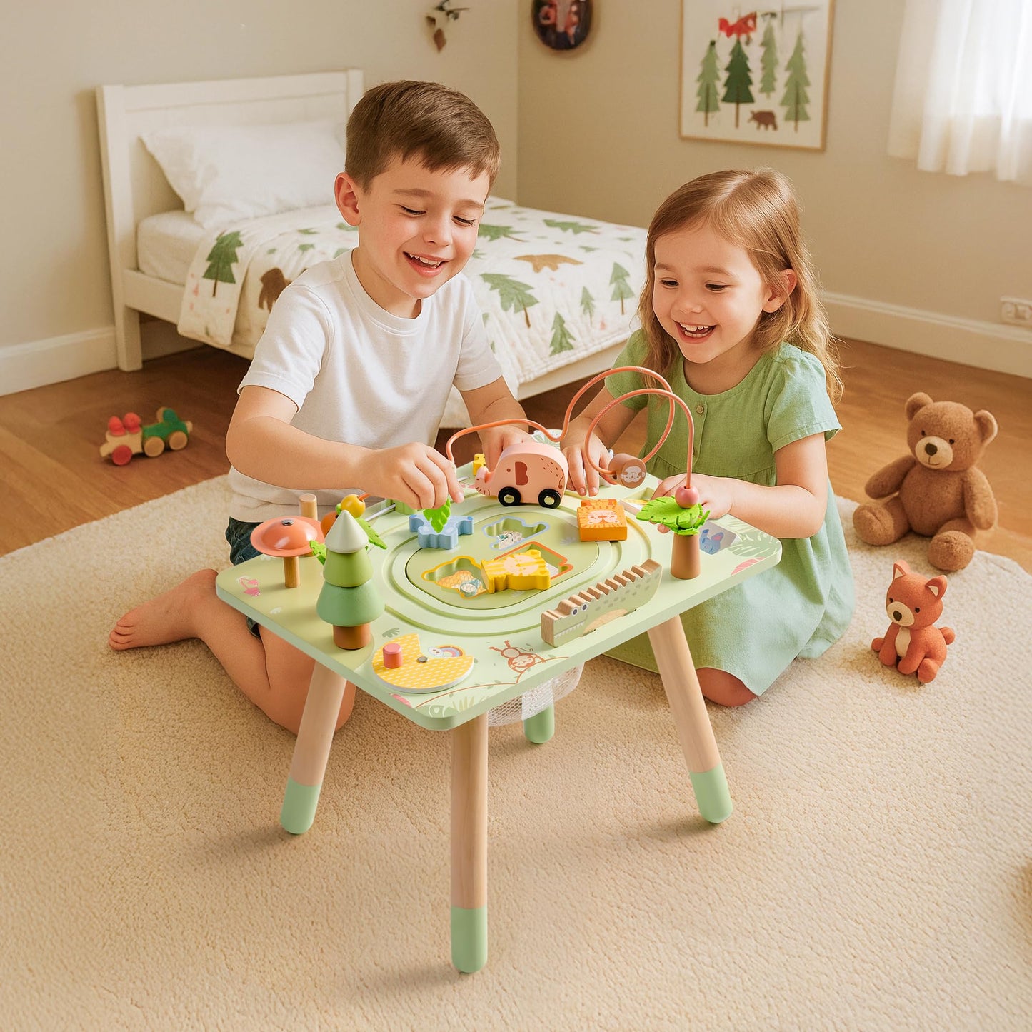 ROBUD Activity Table, 11-in-1 Montessori Learning Table with Bead Maze, Gears, Track, Shape Matching, Storage & More, Wooden Montessori Toys for Toddler, Educational Gift for Baby Boys Girls, Green