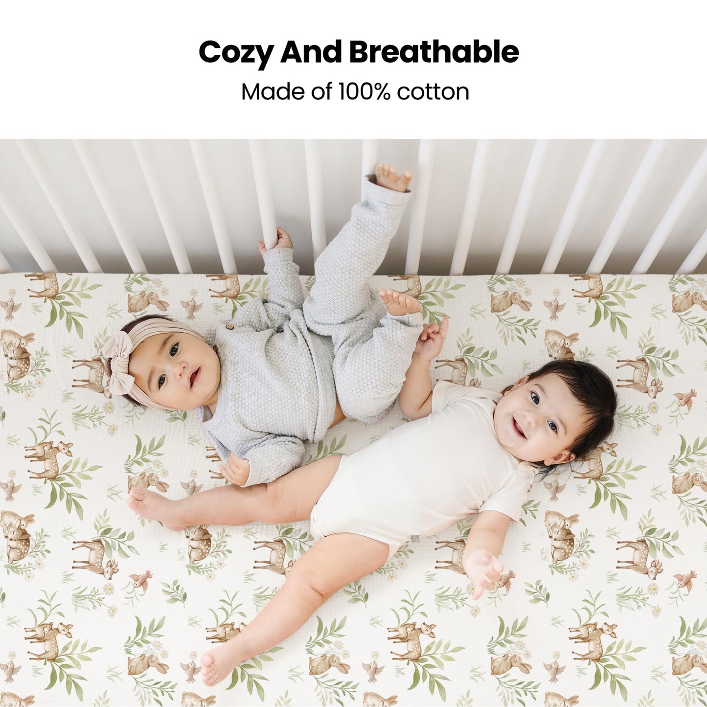 Konssy Muslin Crib Sheets 2 PCS, 100% Cotton Baby Crib Sheets for Standard Crib Mattress (28"x 52"), Soft and Breathable for Boys, Girls (Woodland,Sage)