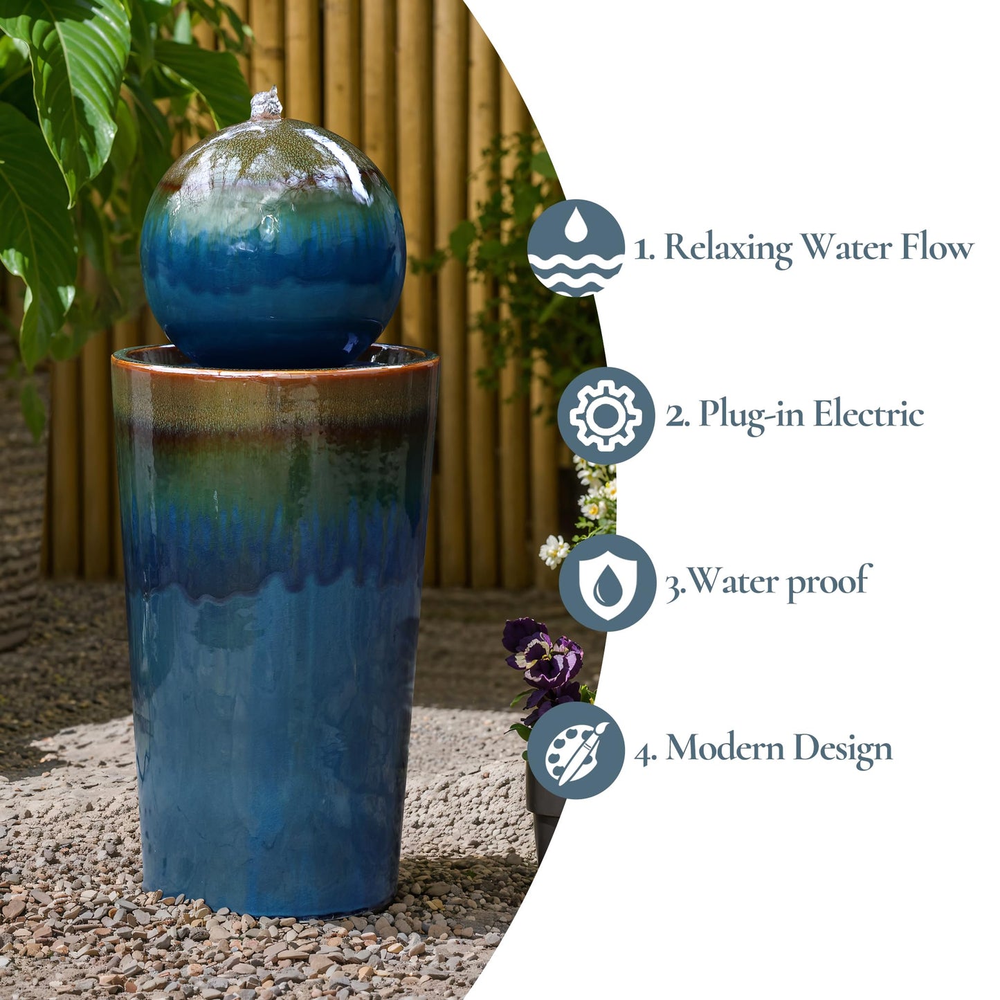LuxenHome 30" Water Fountain Outdoor and Indoor, Glazed Blue Bubbling Sphere Ceramic Garden Outdoor Water Fountain, Elegant Modern Waterfall Garden Decor for Patio, Lawn, and Backyard