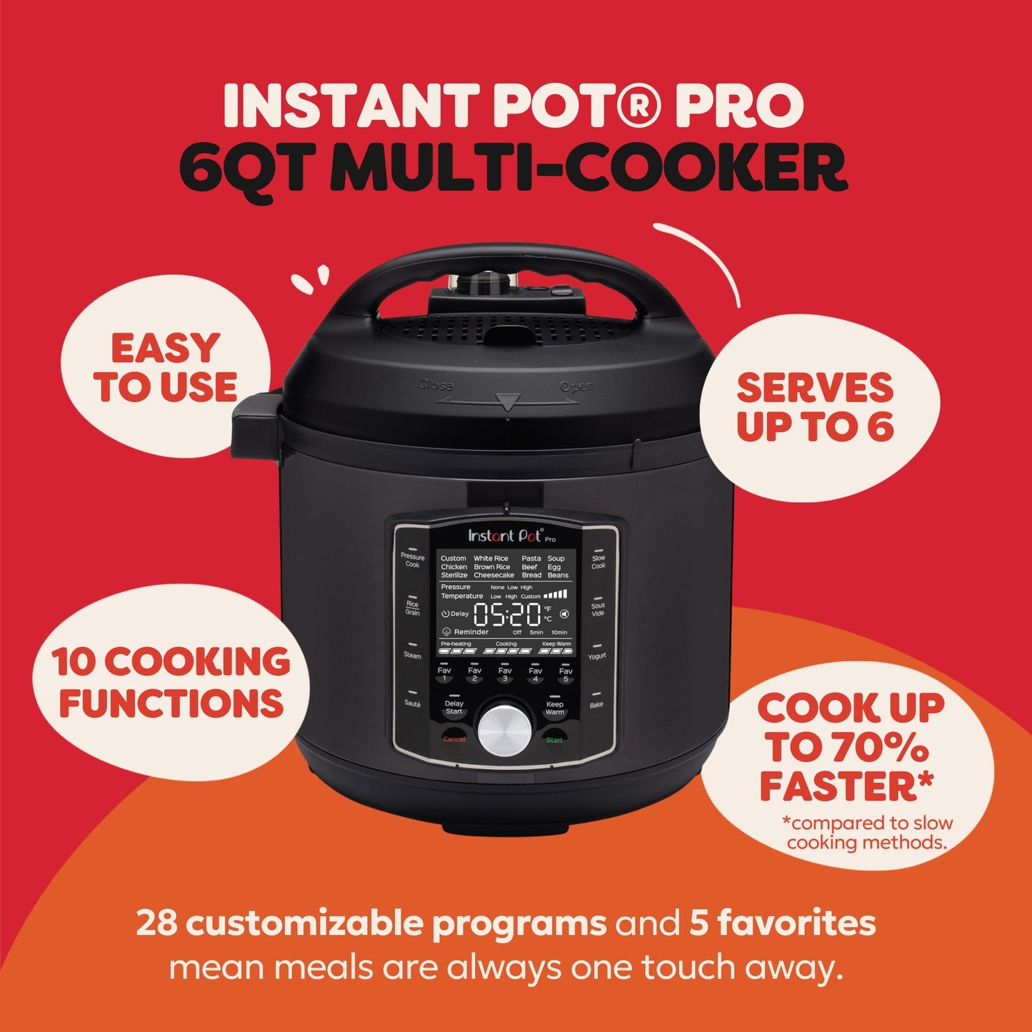 Instant Pot Pro 10-in-1 Pressure Cooker, Slow Cooker, Rice/Grain Cooker, Steamer, Sauté, Sous Vide, Yogurt Maker, Sterilizer, and Warmer, Includes App With Over 800 Recipes, Black, 6 Quart