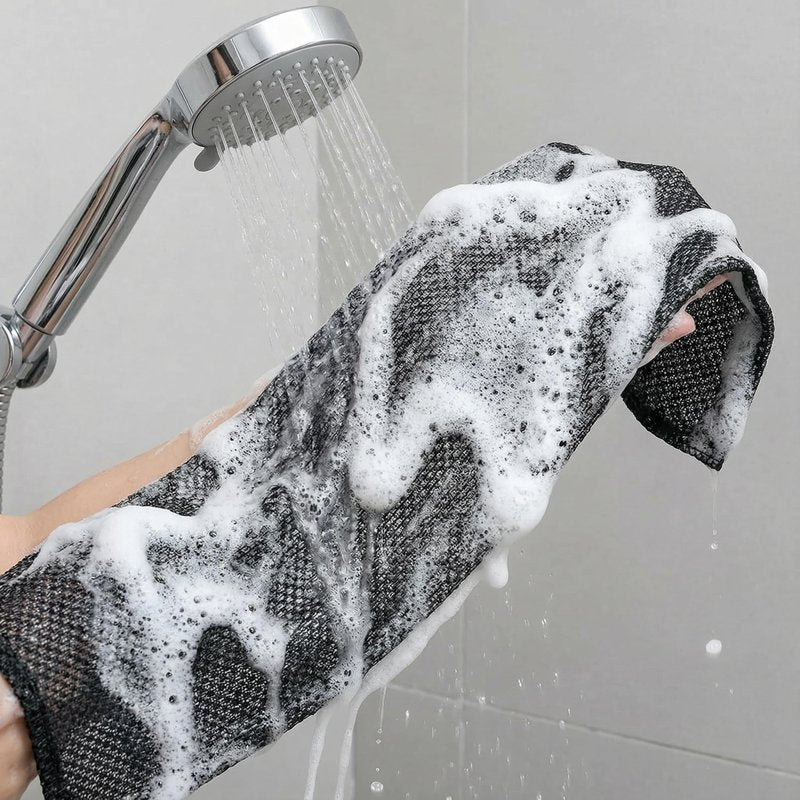 Thourevl Dual-Sided Exfoliating Shower Towel with Extra-Long Handle, Premium Body Scrubber for Back Exfoliation,Black and Pink (2-Pack)