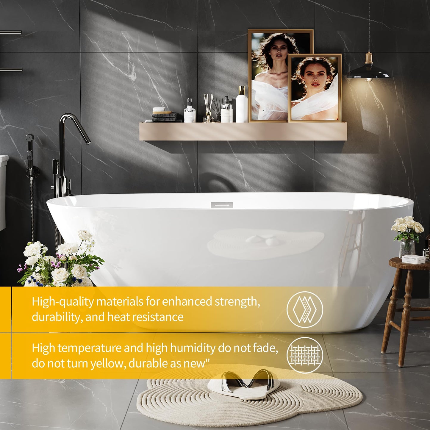 67" Deep Soaking Bathtub, Non-Slip Acrylic Tub with Chrome Drain, cUPC Certified, Ergonomic Modern Bath for Bathrooms, Easy-Install, White Pearl