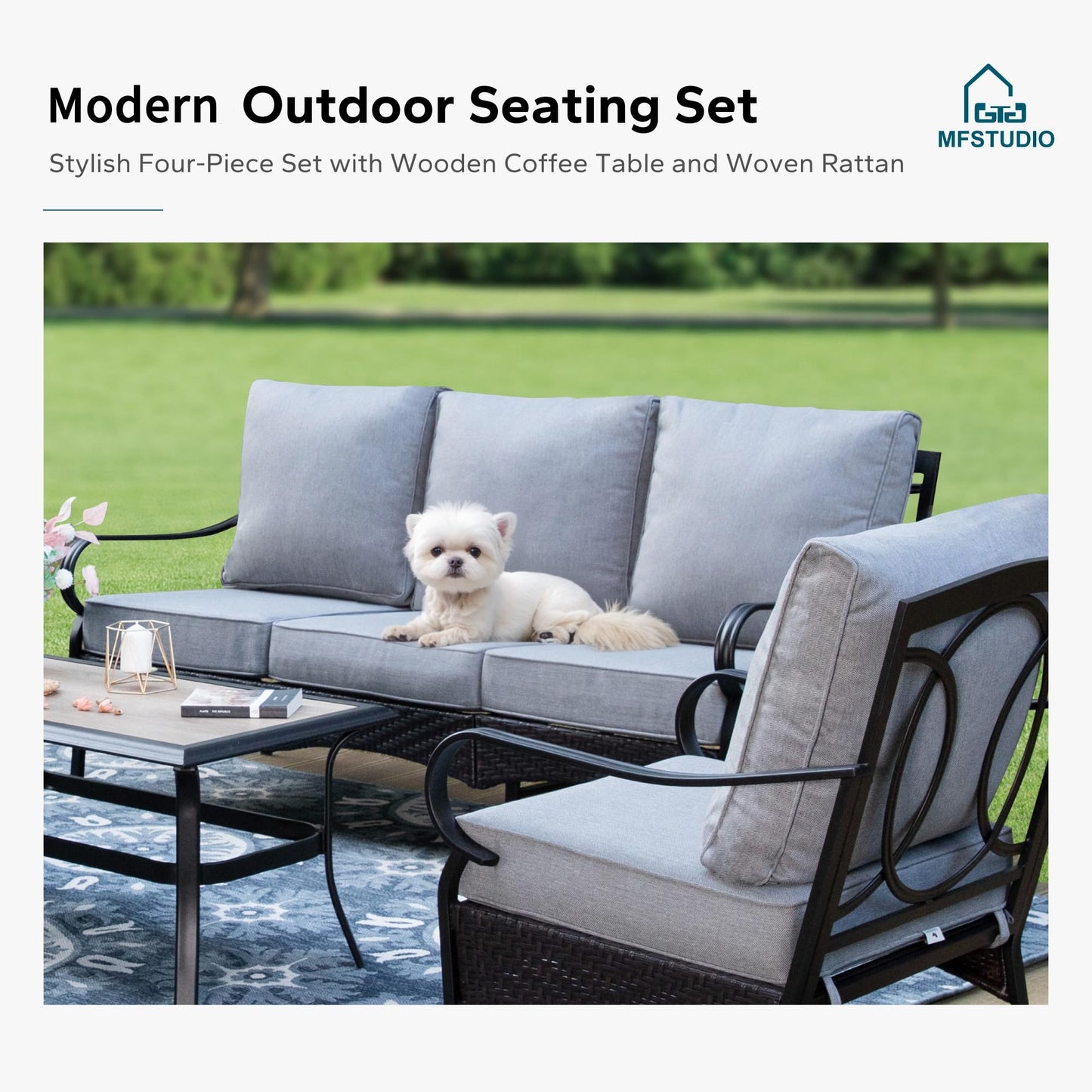 MFSTUDIO 4 Pieces Outdoor Patio Furniture Set, Metal Outdoor Conversation Set, Rattan Wicker Patio Sectional with 2 x Swivel Single Sofa, 3-Seat Sofa, 1 x Coffee Table, Grey