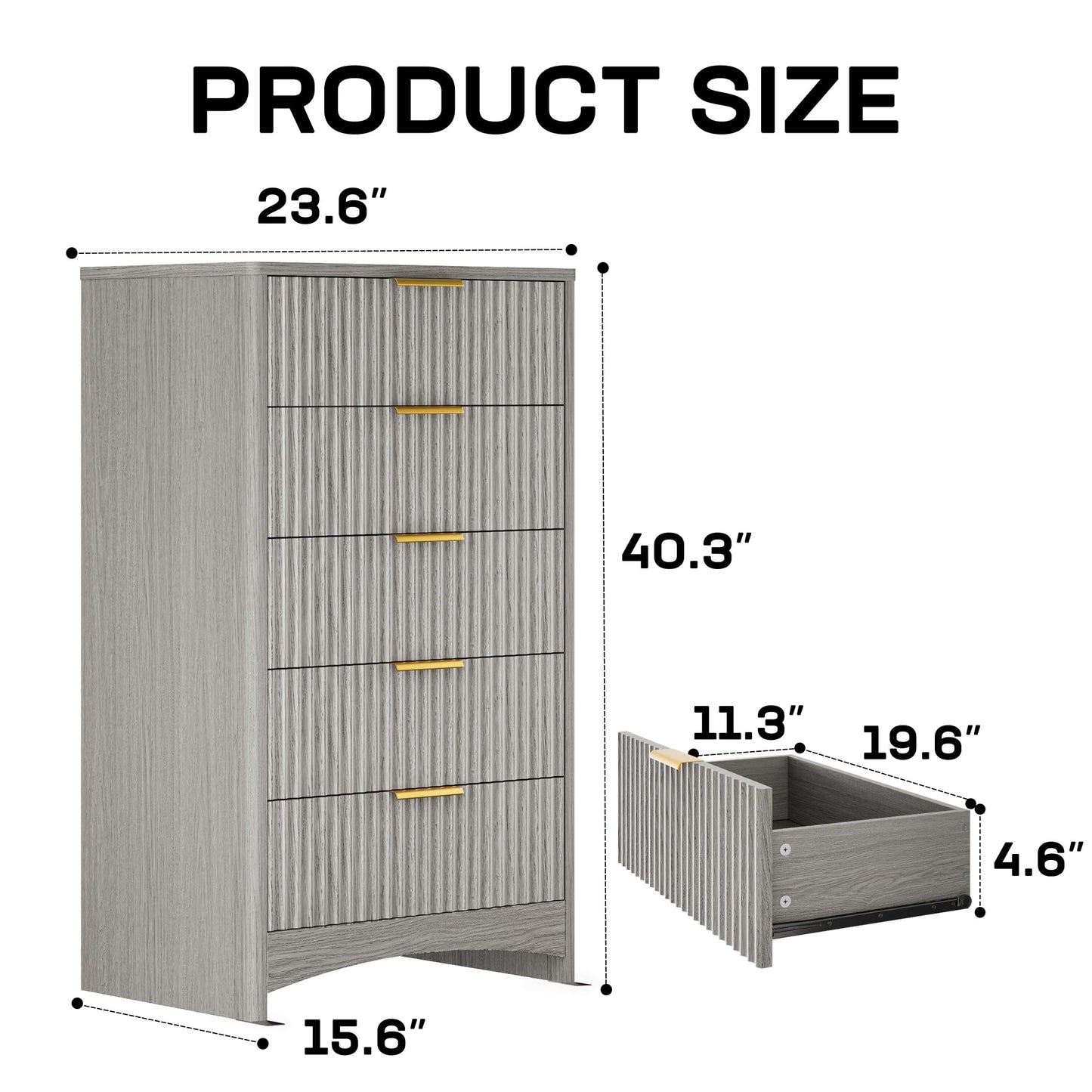 Marsail 5 Drawer Tall Wooden Dresser with Smooth-Glide Drawers, Modern Storage Solution for Bedrooms and Hallway, Featuring Large Capacity and an Elegant Natural Wood Finish, Light Grey