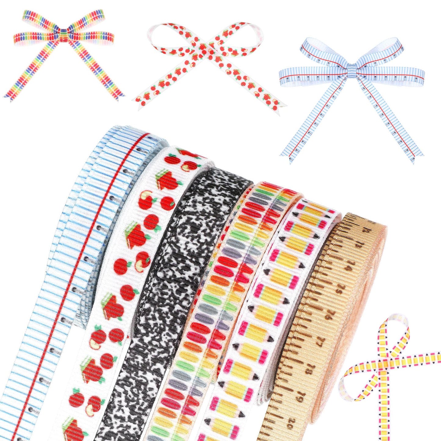 6 Pcs School Ribbons for Crafting 30 Yards Back to School Teacher Grosgrain Ribbons Ruler Ribbon Pencils Apples Book Crayon Craft Teacher Appreciation Craft DIY Supplies (0.39 Inches)