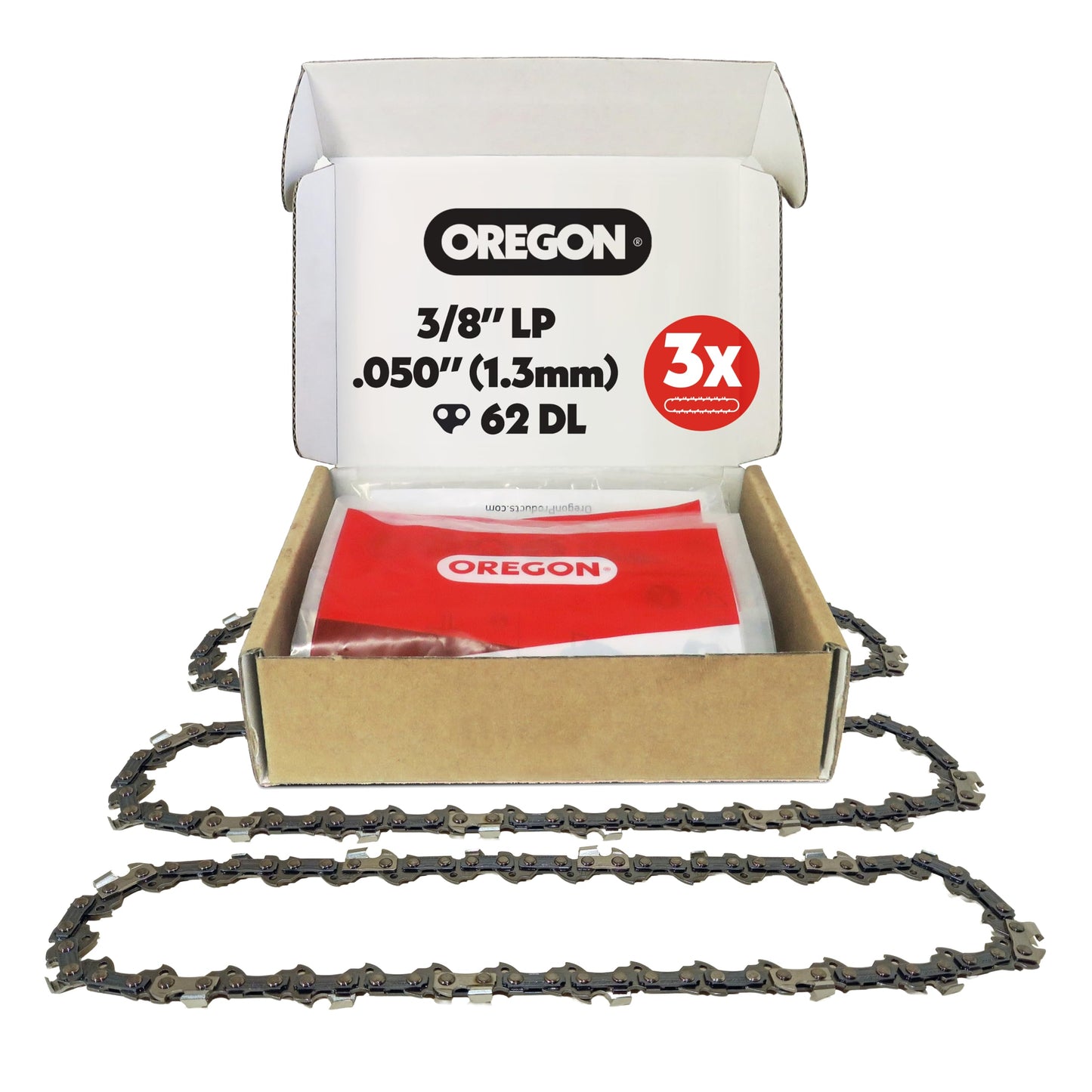 Oregon 3-Pack Chainsaw Chain 3/8" LP Pitch, .050" (1.3 mm) Gauge for 18" (45cm) Bar, 62 Drive Links â Low-kickback Replacement Saw Chain, Fits Husqvarna, Echo, Poulan, Homelite, Craftsman and more