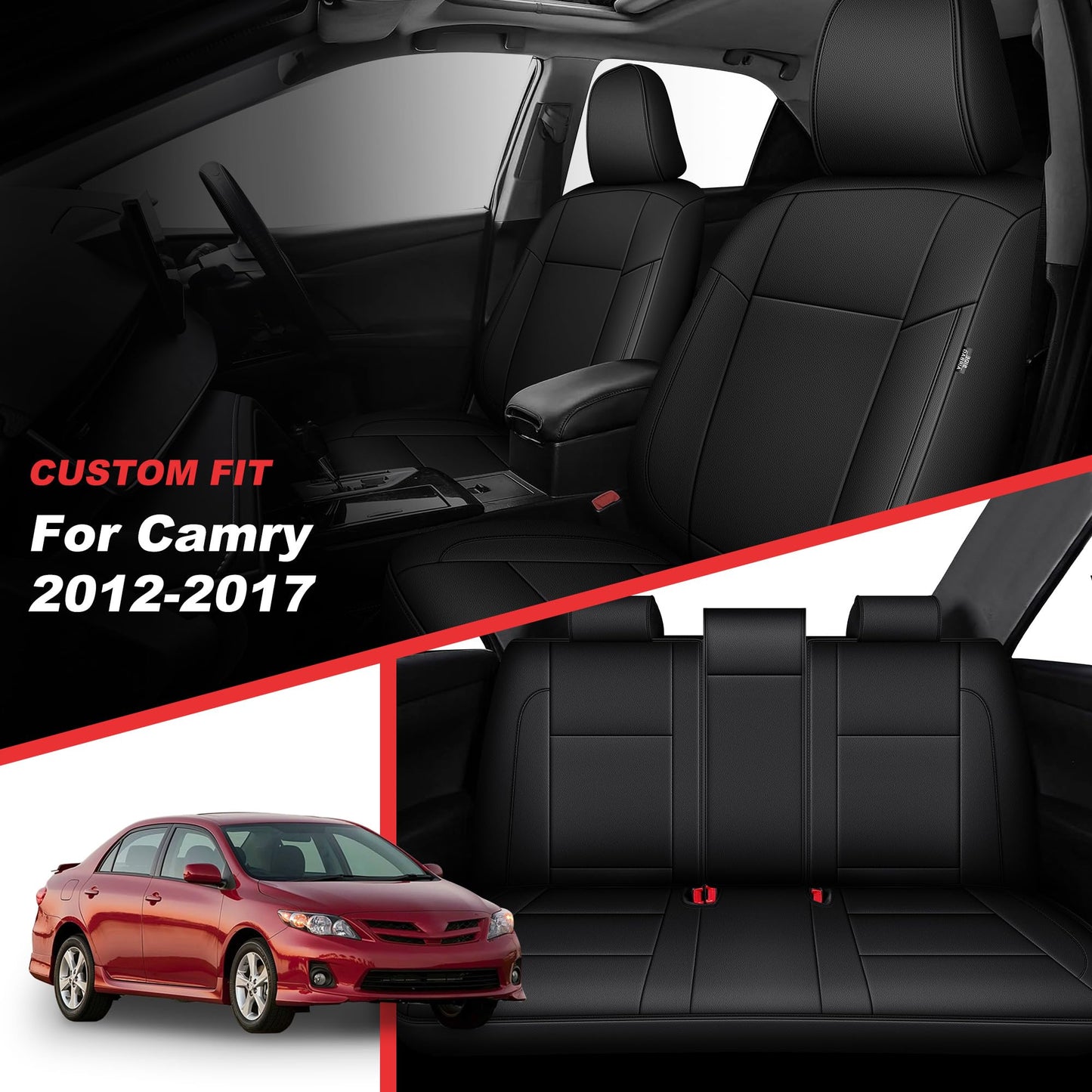 TTX LIGHTING Custom Fit for Toyota Camry Car Seat Covers 2012 2013 2014 2015 2016 2017 Full Set Waterproof Faux Leather Airbag Compatible Black
