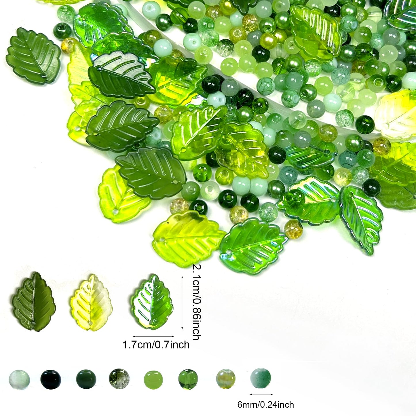 380pcs Green Glass Beads with Acrylic Leaf Beads, Assorted 6mm Round Crystal Crackle Beads Strawberry Leaves for Craft DIY Earring Bracelet Necklaces Wind Chimes