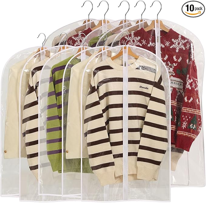 All Clear Garment Bags for Hanging Clothes, 40" Suit Bags for Closet Storage, Plastic Dustproof Suit Cover Bags, Clothes Protectors Bag with zipper for Coats, Jackets, Shirtsï¼10 Packsï¼