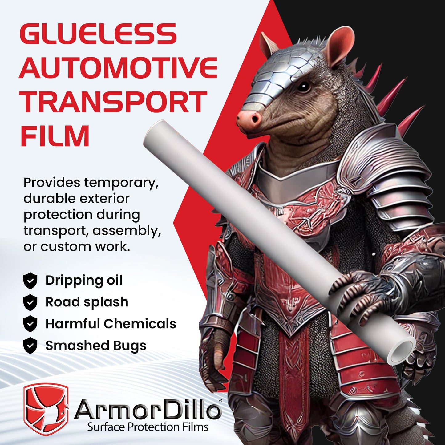 ArmorDillo Car Protection Film, Adhesive-Less Glue-Less Transport Wrap Metal Vehicle Film, 6 Months UVI Protective & No-Residue, Free Utility Knife, 100% USA Made, 5-Layer Polyolefin Blend- 36" x200'