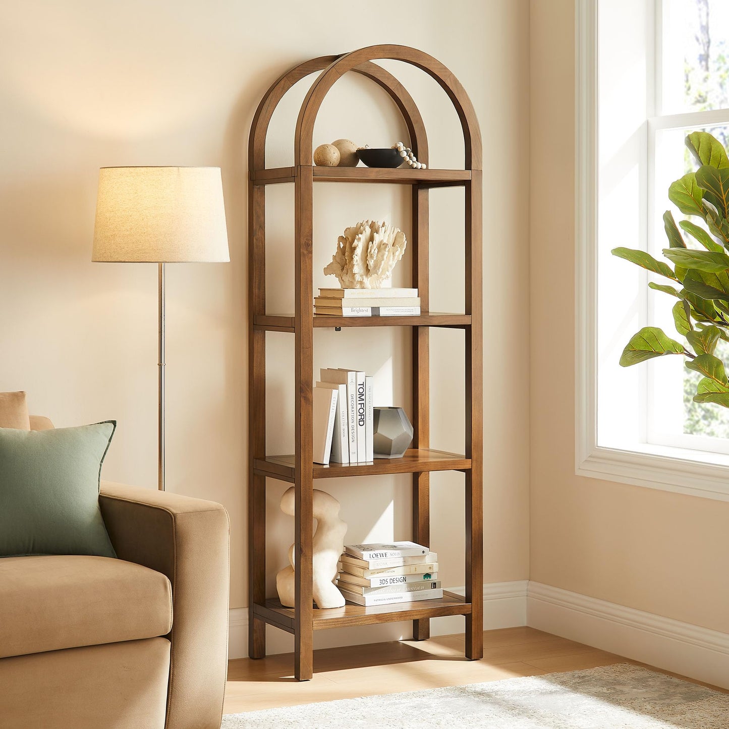 Modway Vexley 72 Inch Tall Narrow Arched Bookshelf in Walnut – Modern Pine and Acacia Wood Open Display Bookcase for Living Room, Office, Reading Nook