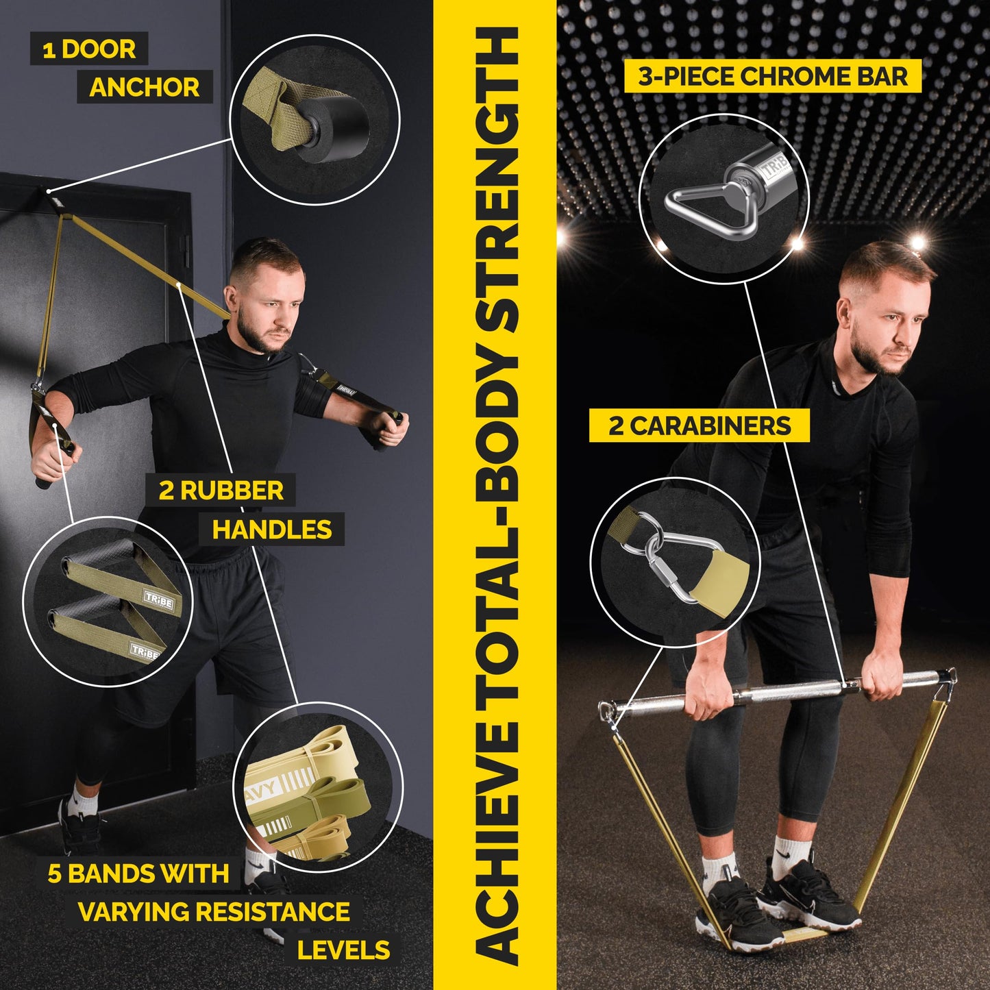 Tribe Lifting Resistance Bands for Working Out Men and Women - Pull Up Bands Set of 5 with Handles, Door Anchor and Bar - Workout Bands for Strength Training, Exercise Bands for Home Gym