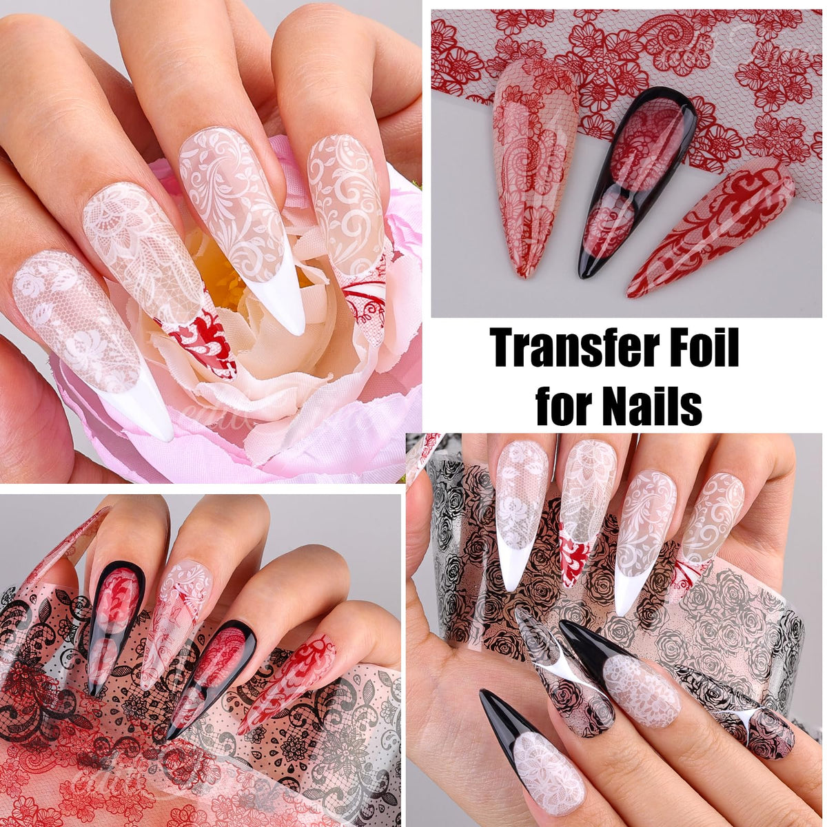 Lace Nail Foil Transfer Sheets, 10 Rolls Black White Red Flower Nail Art Transfer Foils Decals, Flower Nail Art Foils Decals Holographic Foils for Nails Manicure DIY (10 Rolls Red+Black+White)