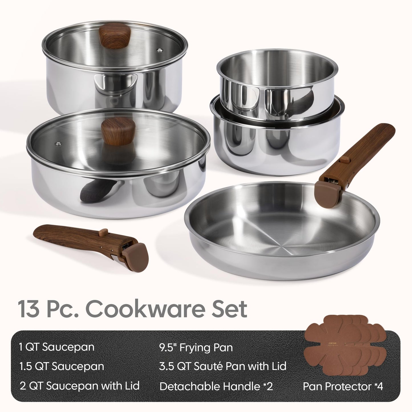 CAROTE 13pcs Tri-Ply Stainless Steel Cookware Set with Detachable Handle, Pots and Pans Set, Induction Kitchen Cooking Sets, RV/Camping Cookware, Oven Safe, Woodgrain Style