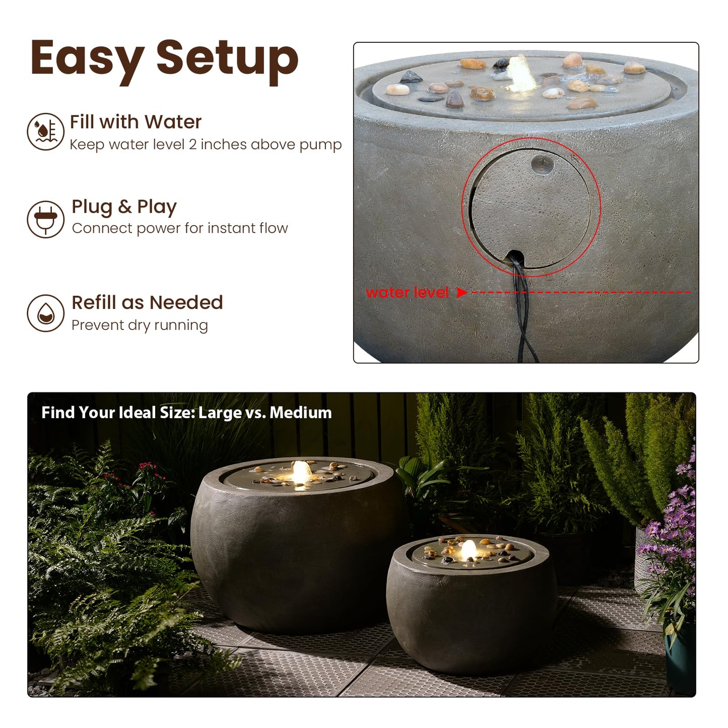 Tankana Garden Water Fountain Outdoor Bubbler Water Feature Indoor with Lights & Pump and Pebbles Waterfall Fountains Concrete Effect for Patio Deck Yard Home Decor Gray, 18 "L x 18" W x 11.5" H