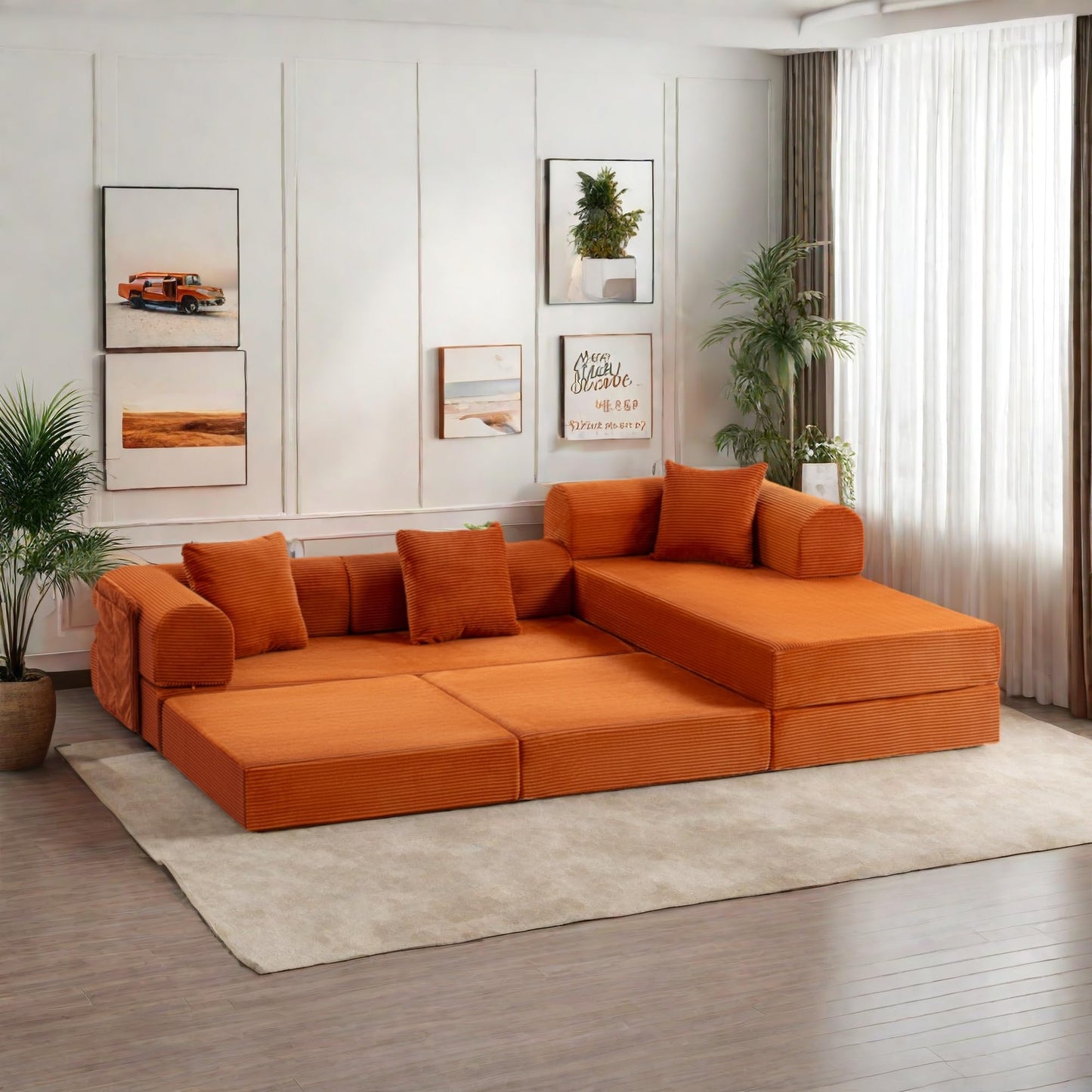 Topcomfy 106.3" L Shape Convertible Sleeper Sofa Bed, Oversized Modular Sectional Cloud Sofa with Fixed-Shape Frame & Storage Pocket, Boneless Couch for Living Room, No Assembly Required, Orange