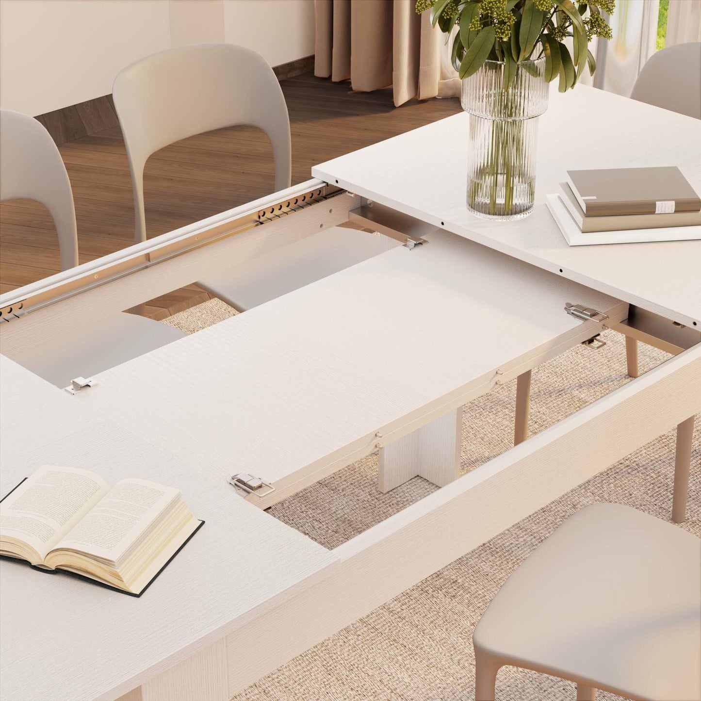 Mobili Fiver, Easy, Extendable Dining Table, 55.1(86.6) x35.4 in, Ashwood White, for 6-8 People, Expandable Dining Table for Kitchen, Italian Furniture