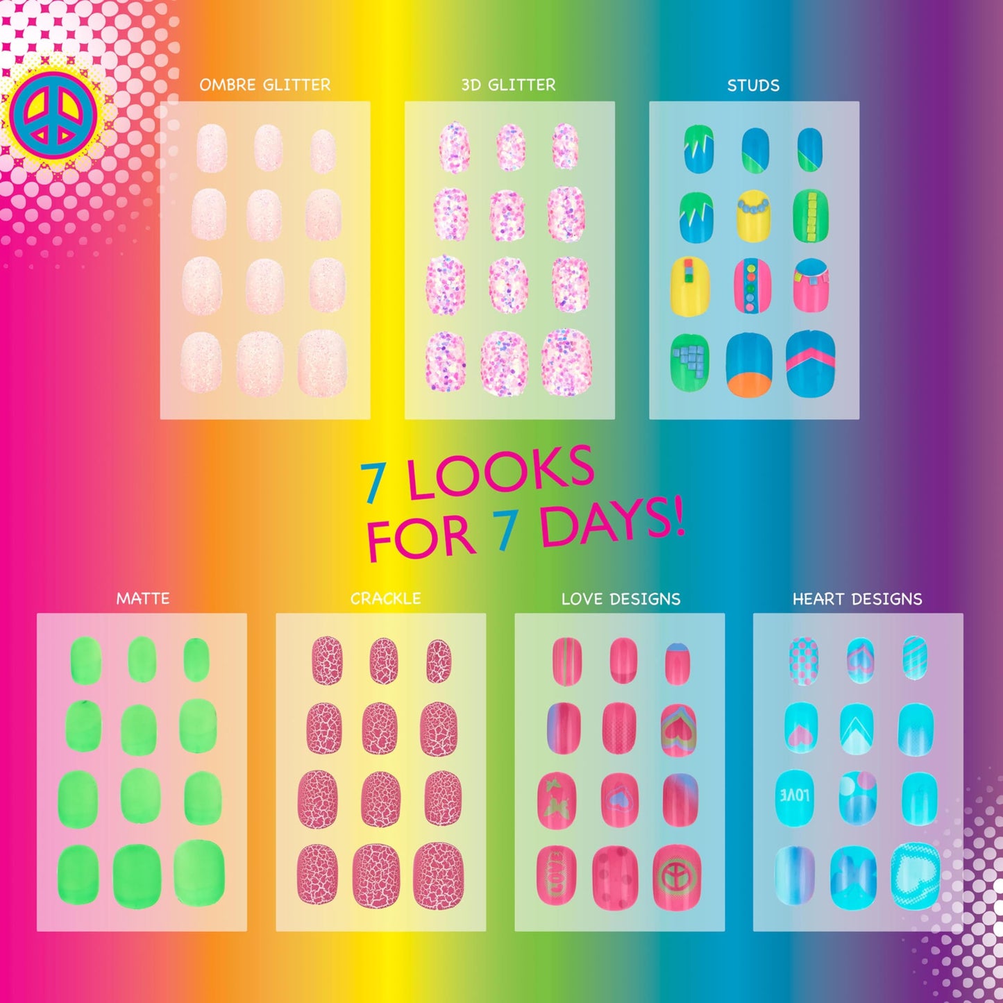7 Day Manicure Collection - 84PC Press On Nail Set, Day-of-The-Week Adhesive False Nails for Girls (Set of Brights or Pastels) – Colorful Novelty Designs Stick On Nails for Kids