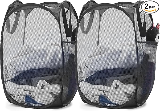 TECHMILLY Upgraded 105L Collapsible Mesh Pop Up Laundry Hamper with Sturdy Handles and Side Pocket - Portable Foldable Clothes Baskets for Dorm, Bathroom & Travel Storage (Black Plusï¼2 Packs)