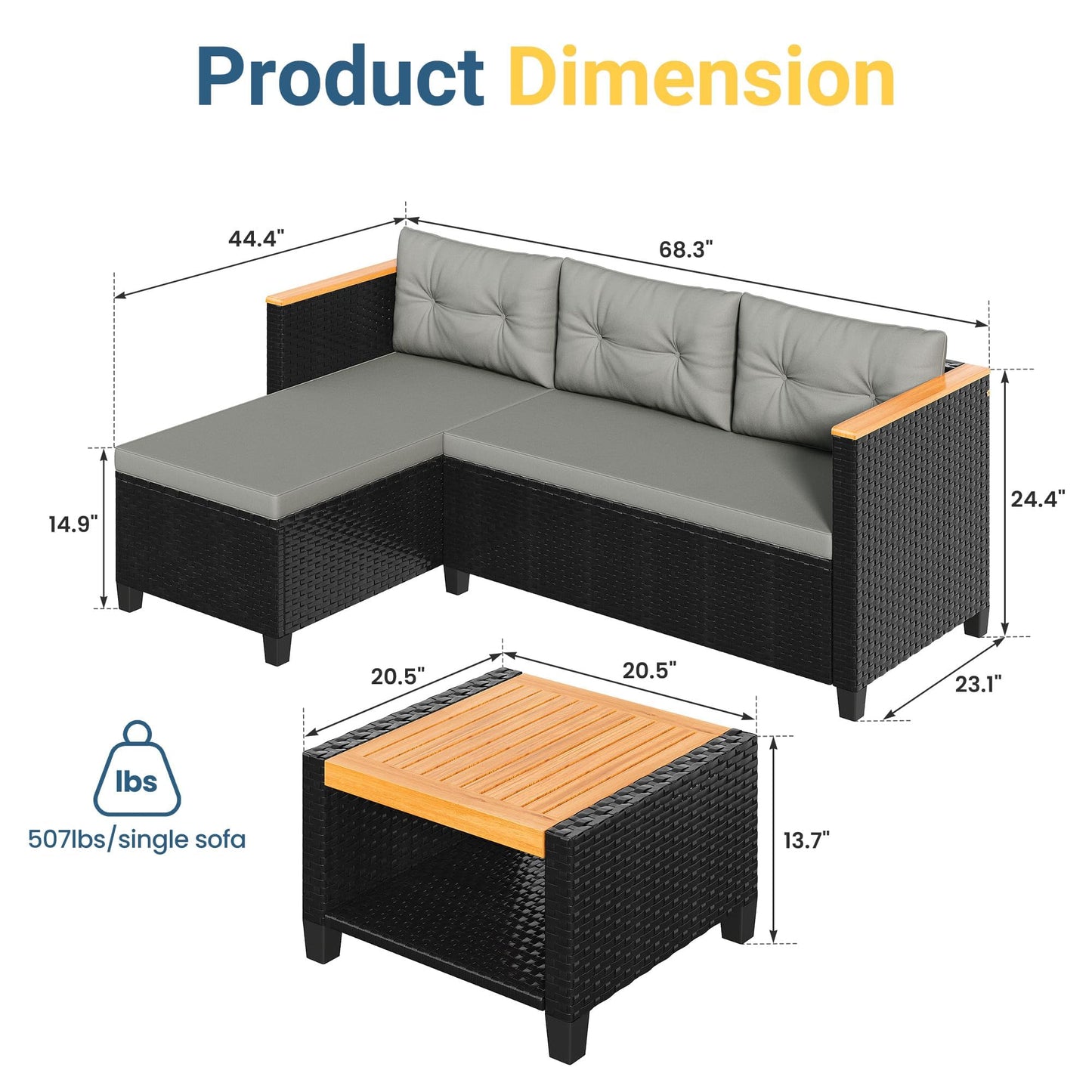 Green4ever 3-Piece Outdoor Patio Furniture Set, All-Weather PE Rattan Small Patio Sectional Sets with Storage Table, L Shaped Outdoor Couch with Cushions, Small Patio Sofa for Balcony Garden, Grey