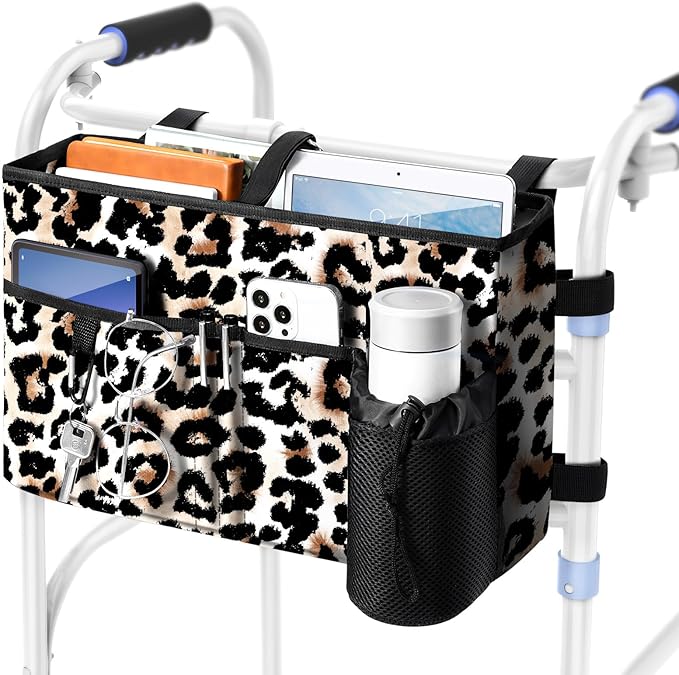 Rhino Valley Walker Bag, Secure Fit Walker Basket with Cup Holder, Large Capacity Walker Accessories for Seniors,Detachable Folding Walker Pouch Organizer for Older Elderly Gifts,Brown Leopard