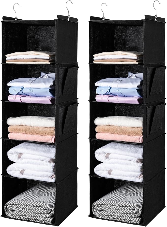 BOOMIBOO Hanging Closet Organize and Shelvesï¼5-Hanging Shelf with 2 Side Pocketsï¼Storage Foldable ï¼2 Pack,Blackï¼