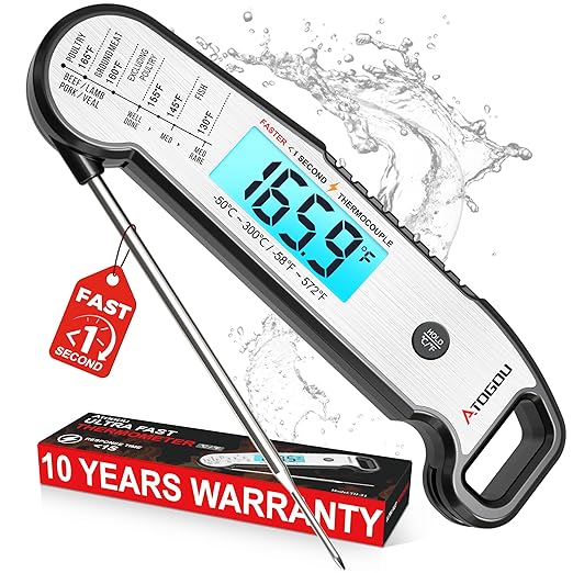 Atogou Professional Meat Thermometer Digital for Cooking Food, <1 Sec Instant Read & ±0.5â Accuracy, IP67 Waterproof, Thermocouple Sensor Probe, for Kithchen, BBQ, Grill, Silver