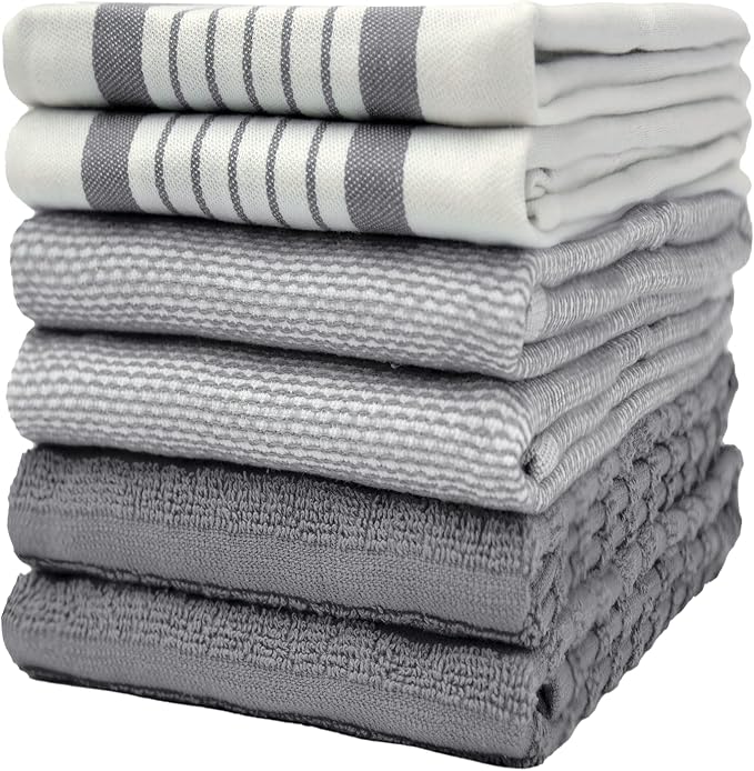 Premium Kitchen Towels (20âx 28â, 6 Pack) | Large Cotton Dish Towels | Flat & Terry Highly Absorbent Kitchen Linen Set with Hanging Loop | Grey Striped