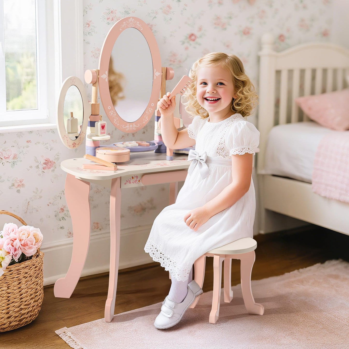 ROBOTIME Kids Vanity Set with Mirror and Stool – Wooden Pink Makeup Table with 11 PCS Accessories – Play Beauty Dresser with Mirrors, Drawer– Kids Vanity Table and Chair Set for Girls Ages 3+