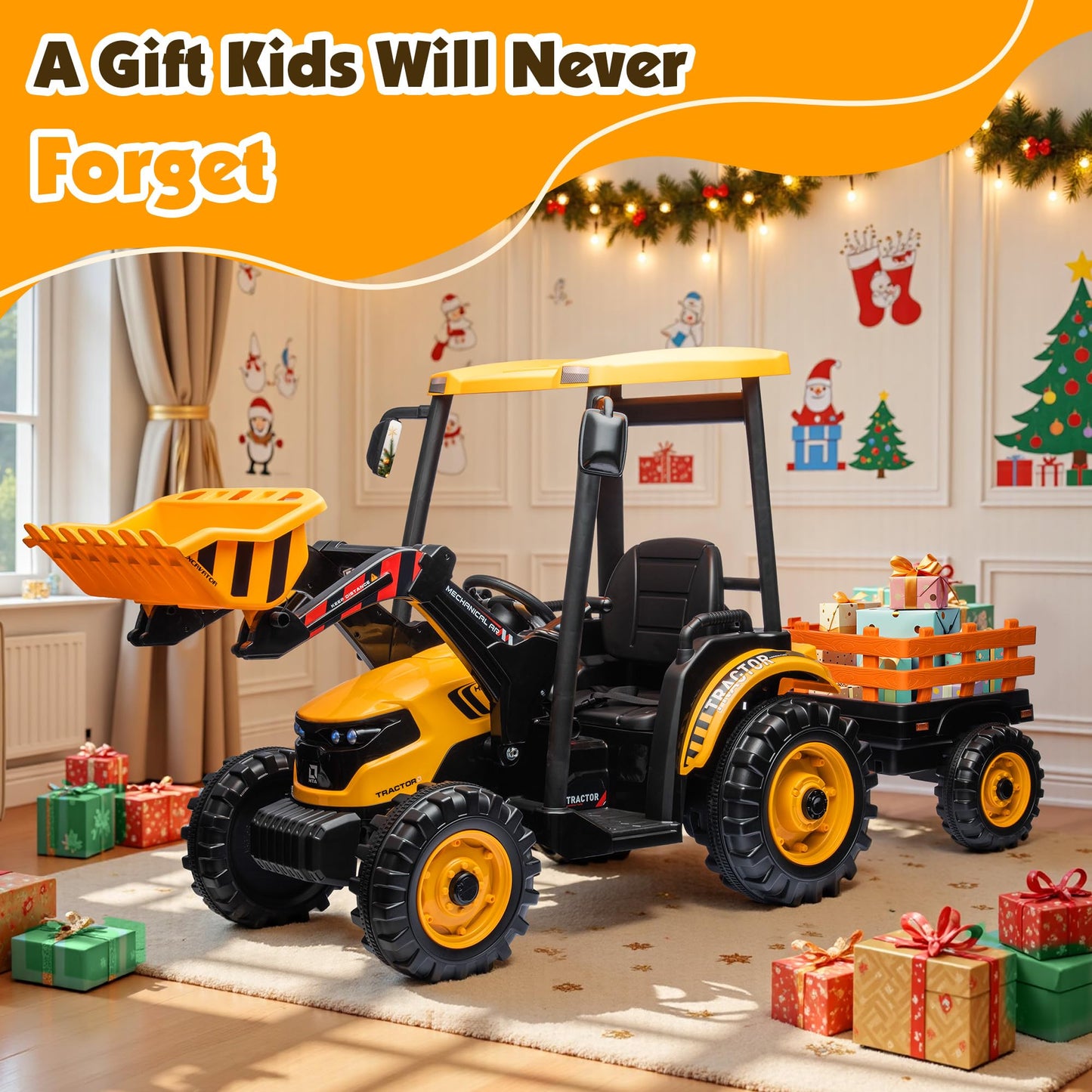 Albott 24V Ride on Tractor for Kids with Trailer & Front Loader, 3-in-1 Electric Construction Vehicle, Dual Motors, All-Terrain Wheels, LED Lights, Outdoor Gift for Boys Girls Ages 3-8 (Yellow)