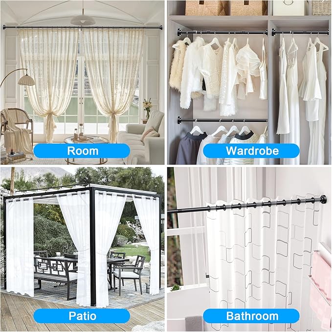 TEECK Shower Curtain Rod, 32-92 inch Adjustable Spring Tension Curtain Rod, Never Rust Anti-Slip Shower Curtain Rod for Bathroom, No Drilling, Never Collapse, Easy to Use, Black
