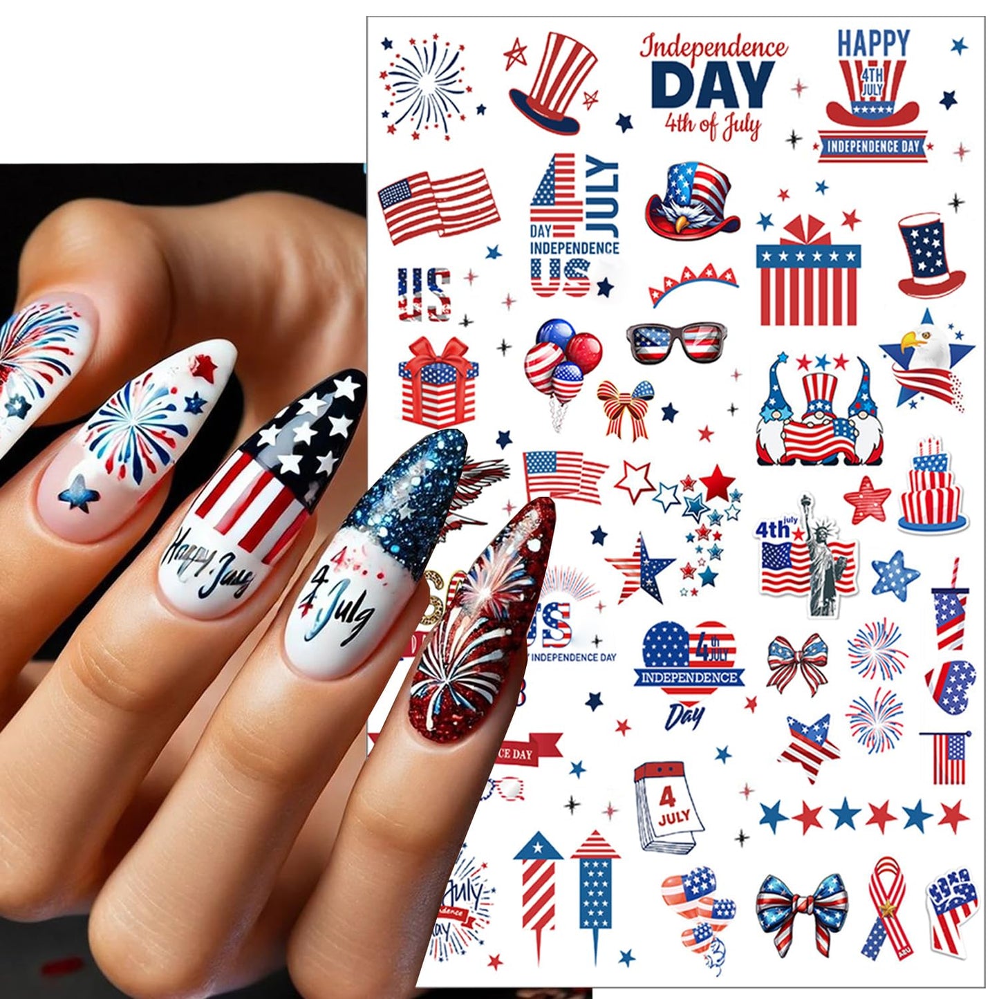 6pcs 4th of July Nail Stickers 3D Nail Decals Independence Day Nail Art Sticker for USA Flags Heart Star Stripe Letters Fireworks Nails Design Adhesive Sticker Patriotic Manicure Decorations for Women
