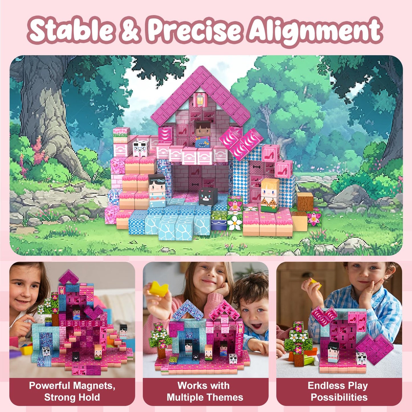 ADAH 216PCS Magnetic Building Blocks for Girls, Pink Princess STEM Toys for Ages 4-8, Creative Educational Building Toys for 3-6 Year Olds, Magic Blocks for Kids