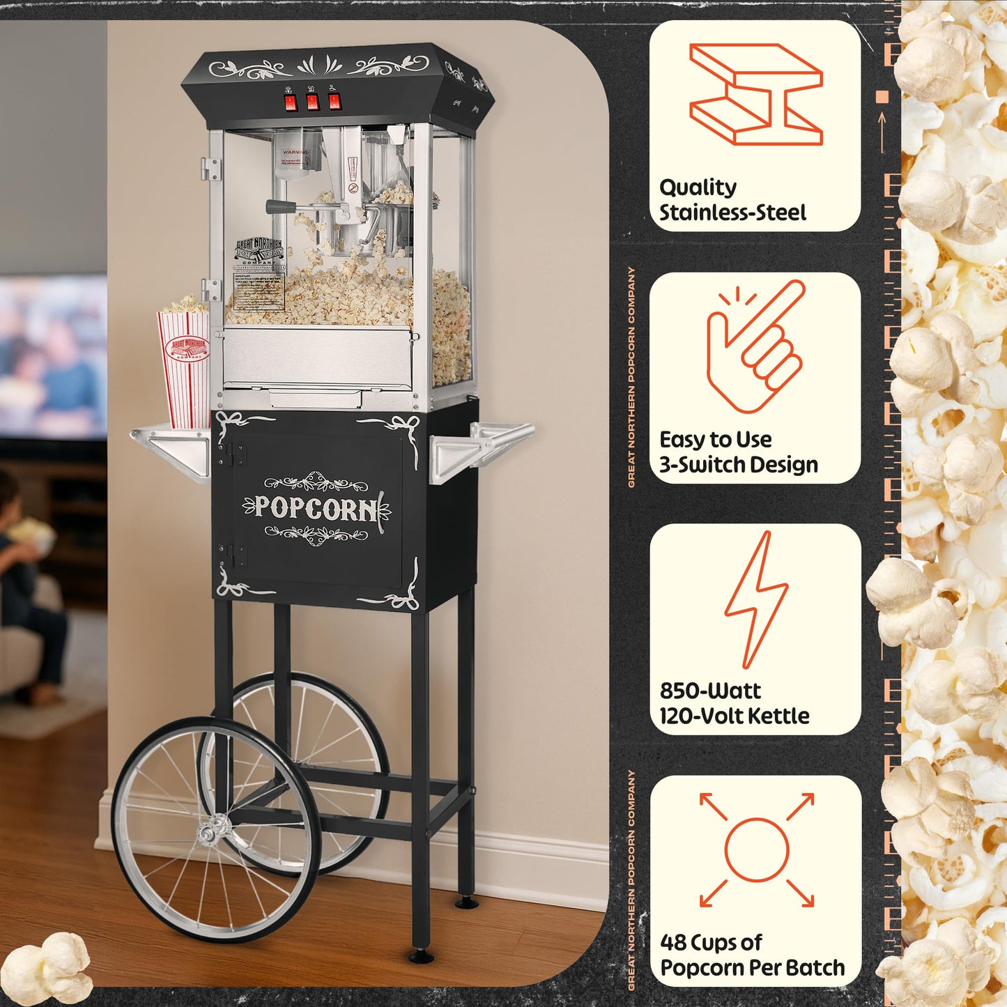 Great Northern Popcorn Foundation Popcorn Machine with Cart - 8oz Popper with Stainless-Steel Kettle, Warming Light, and Accessories, Black