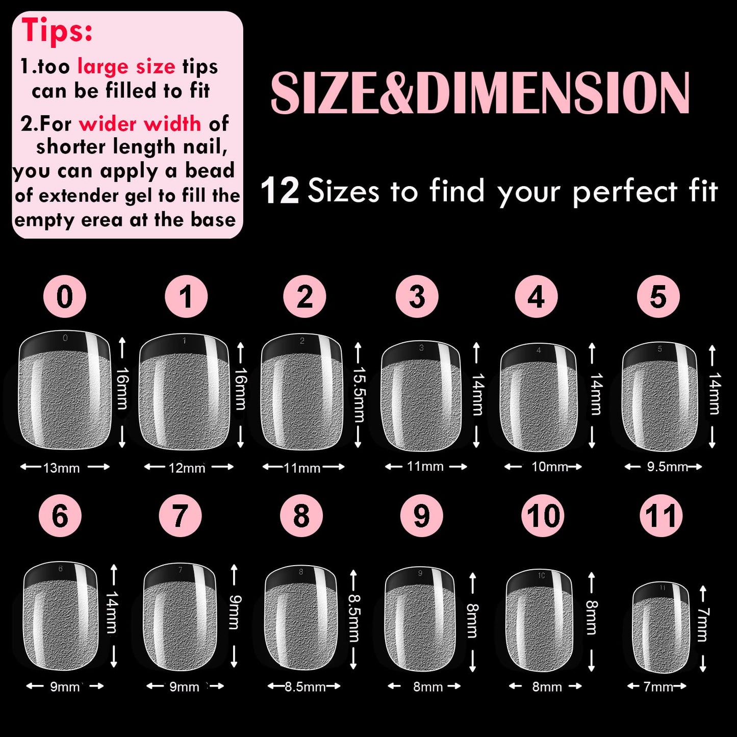 600 Pcs Extra Short XXS Square Nail Tips,SINOKAME Clear Press on Nails for Kids Women Small Short Petite Nail Beds, 12 Sizes DIY Salon Home Manicure Nail Extension