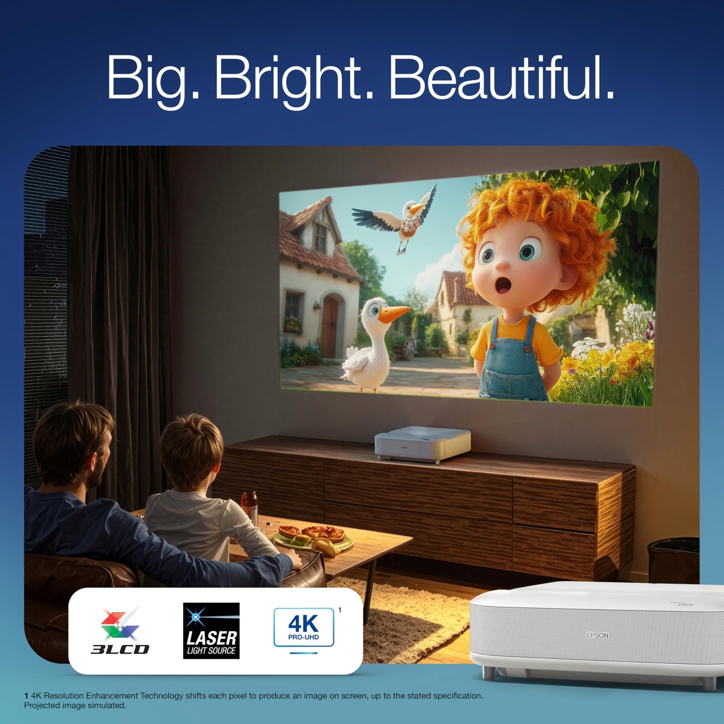 Epson Lifestudio Grand Ultra Short Throw Laser Projector 4K PRO-UHD, Sound by Bose Technology and Downloadable App, Built-In Google TV for Easy Streaming, Plus 3-Chip 3LCD Technology - White