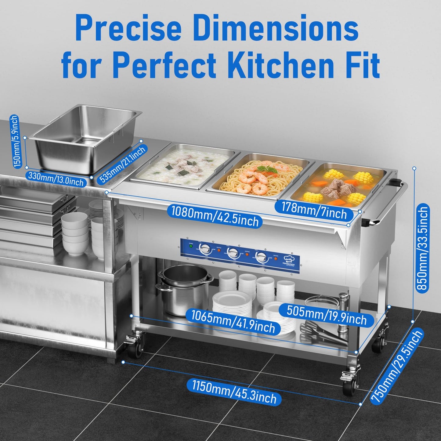 TOPKITCH Commercial Electric Food Warmer Soup Station - 3 Independent 19.5L Pans with German EGO Thermostat, Rolling Stand with Adjustable Shelves for Restaurant, Catering, Party