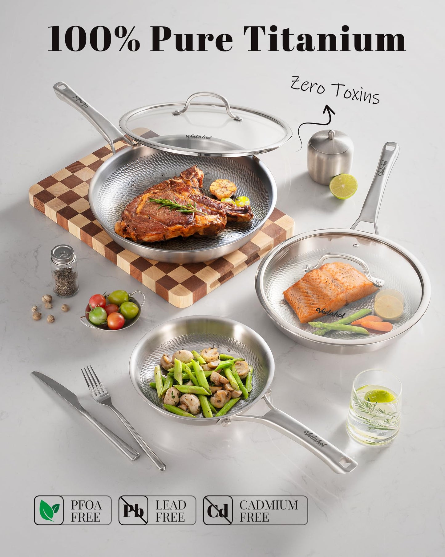 Titanium Pans set, 8+10+12Inch Pure Titanium Hammered Upgarde Pro with Two Lids, Non-Toxic Skillet for Cooking, PFAS/PFOA/PTFE Free Cookware, Dishwasher&Oven Safe, Kitchen Induction Compatible