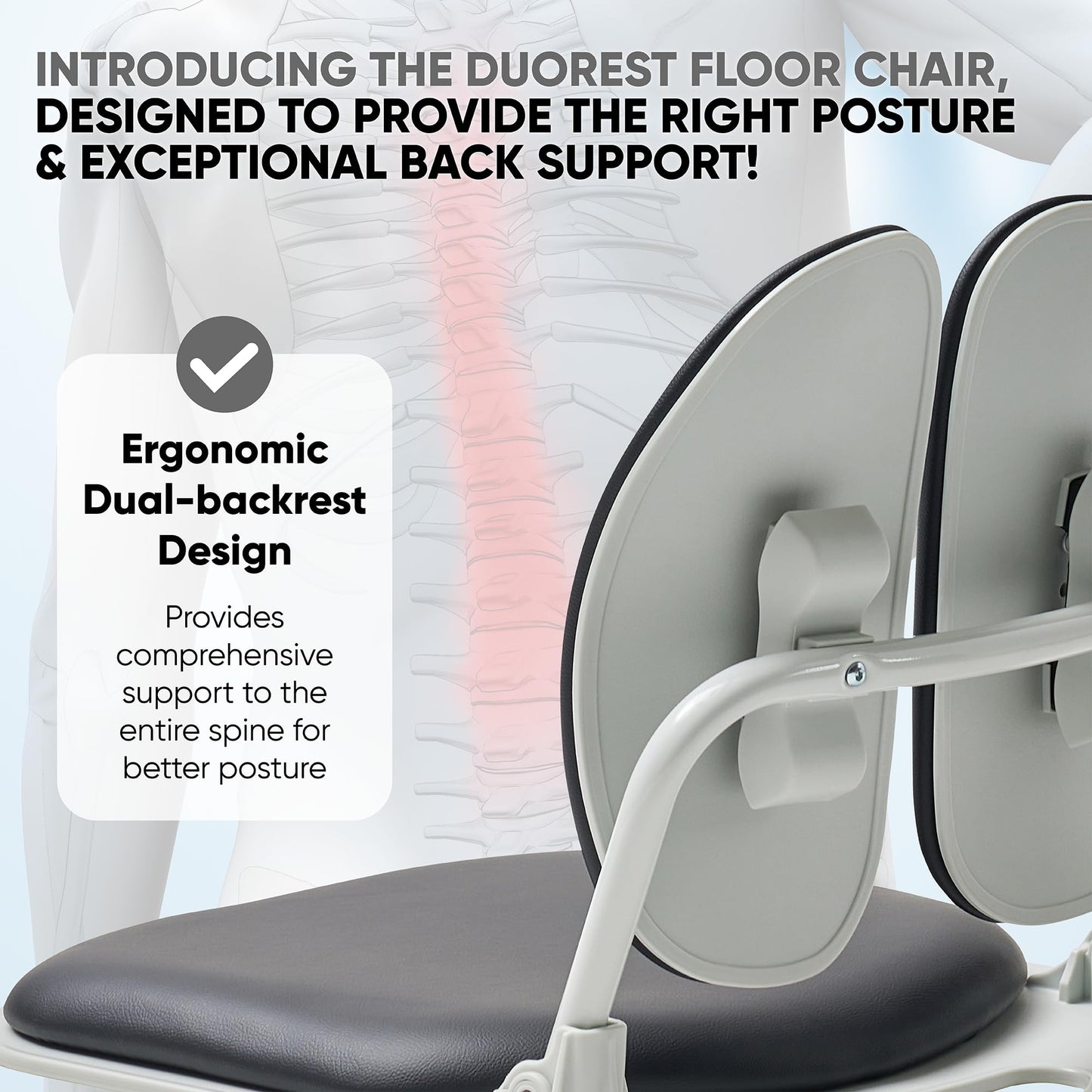 Made in Korea Dual-Backrests Ergonomic Floor Chair With Back Support - Meditation, Gaming, Reading Chair for Adults, Foldable (Black Leather)