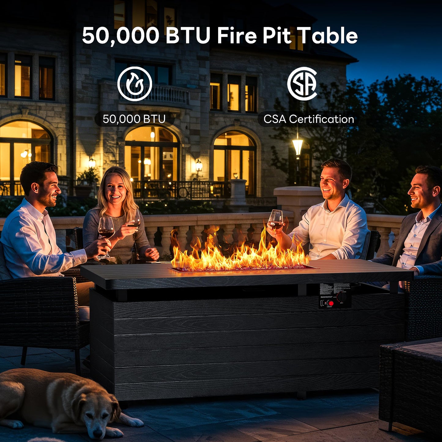 50” Outdoor Propane Fire Pit Table, 50,000 BTU Rectangular Gas Fire Pit with Lid & Blue Crystal Stones, Steel Tabletop, Adjustable Flame, 4-in-1 FirePit Table for Patio, Backyard, Outdoor Gatherings