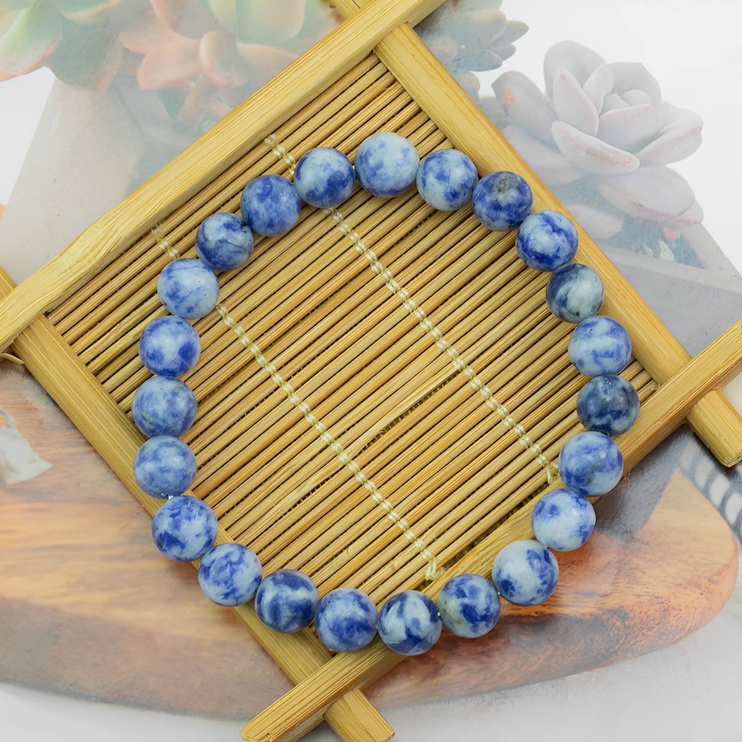 Clearain Natural Gemstones Bracelet 8mm Chakra Round Beads Energy Power Crystal Reiki Healing Elastic Stretch 7 Inch for Women Men Unisex(Blue Dot)