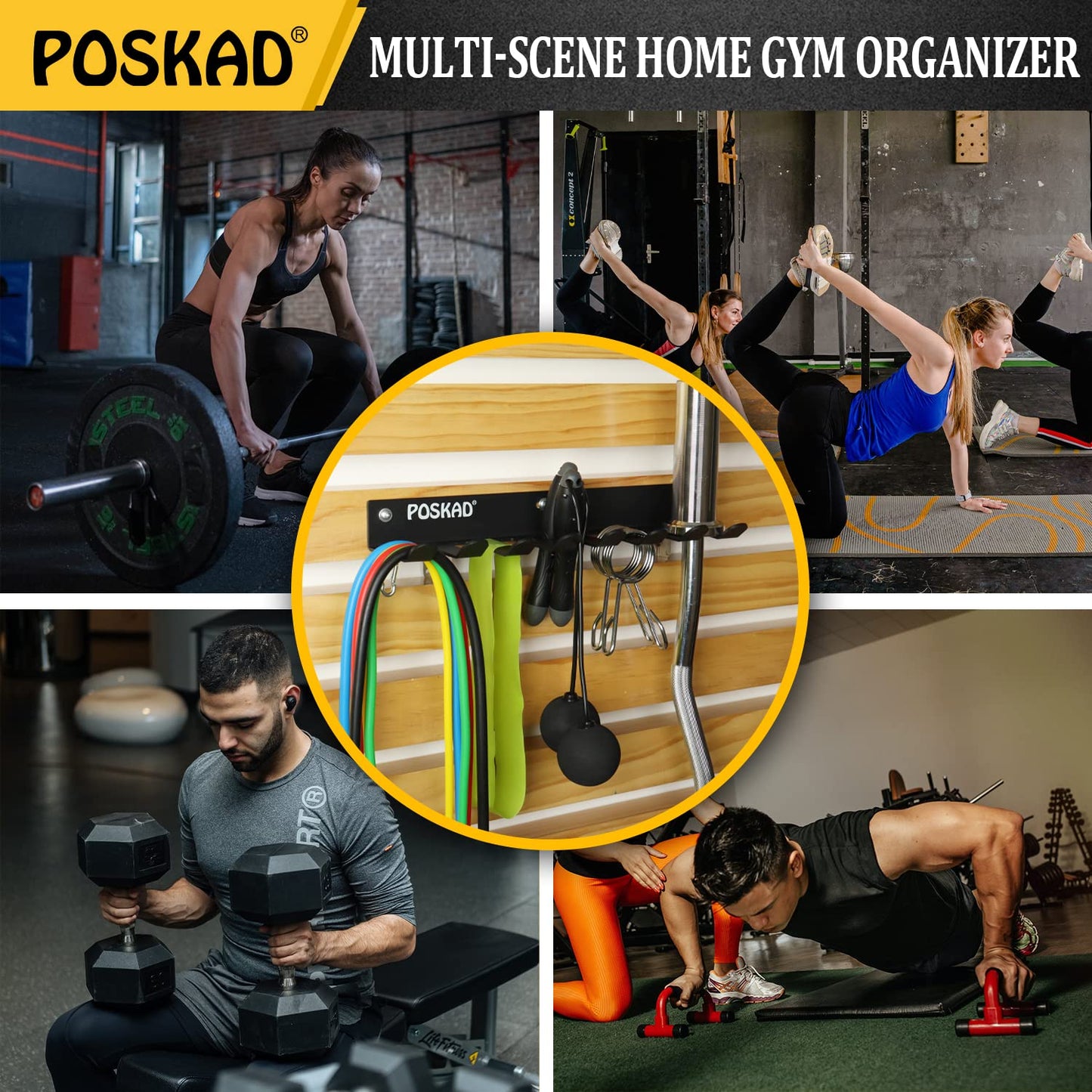 Poskad Gym Storage Rack,12 Hook Heavy-Duty Steel Gym Organizer Wall Mount Hanger for Home and Pro, Gym Accessory Storage Resistance Bands,Jump Ropes,Lifting Belt,Barbells. (24'' -12 hooks)