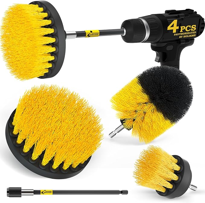 Holikme 4 Pack Drill Brush Attachments Set, Power Scrubber with Extend Long Attachmentï¼Cleaning Supplies for Bathtub, Shower, Grout, Tile(Yellow)