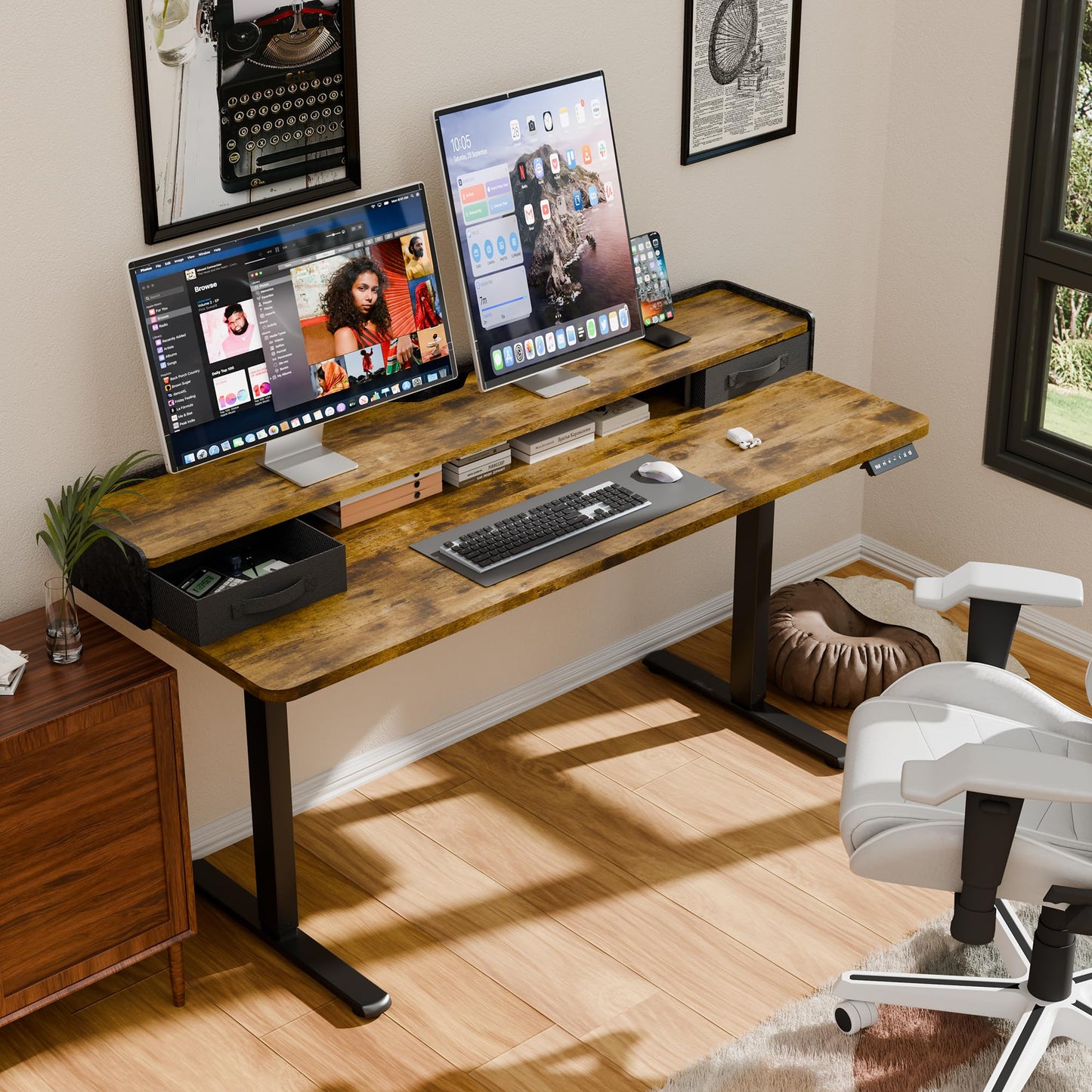 YESHOMY 63" x 23" Electric Standing Desk with 2 Drawers, Height Adjustable Computer Desk, Low Noise Home Office Stand Up Desk with 2 Preset Heights & 2 Hooks, Rustic Brown