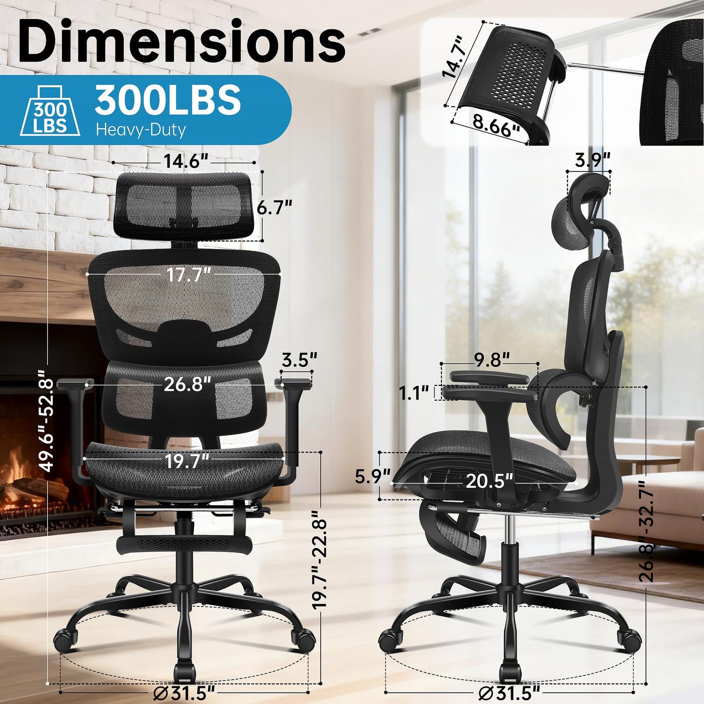AreShark Office Chair Ergonomic Desk Chair,High Back Computer Chair with 3D Headrest & Armrests,Gaming Chair with Lumbar Support,90-135°Tilt Lock Mesh Office Chair with Footrest,Wheels,Black