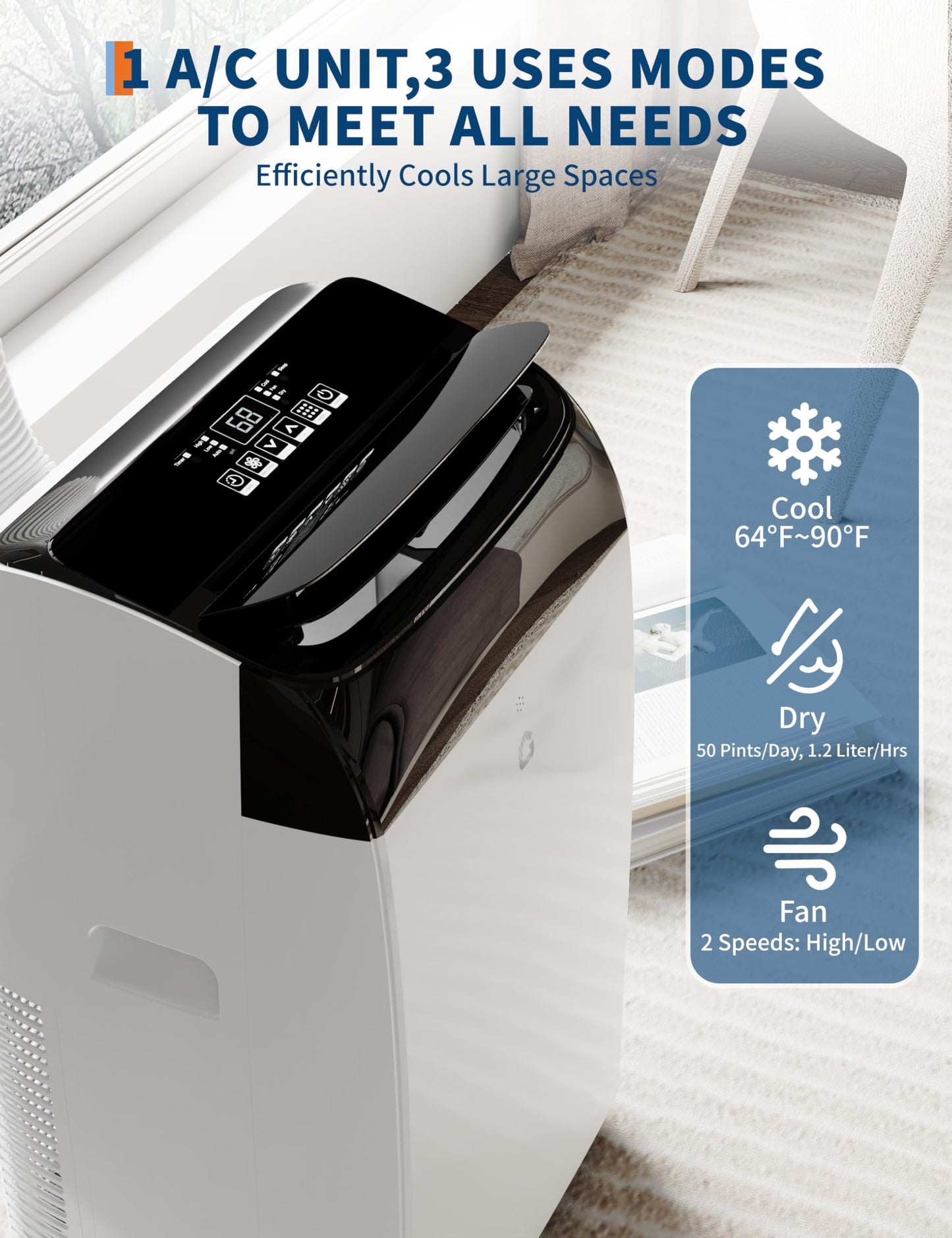 GarveeTech 14,000 BTU Portable Air Conditioner with Dehumidifier & Fan, Quiet Portable AC Units for Rooms, Remote, Timer, Auto Swing, Room Air Conditioner Cools Up to 750 Sq.Ft., Black Top