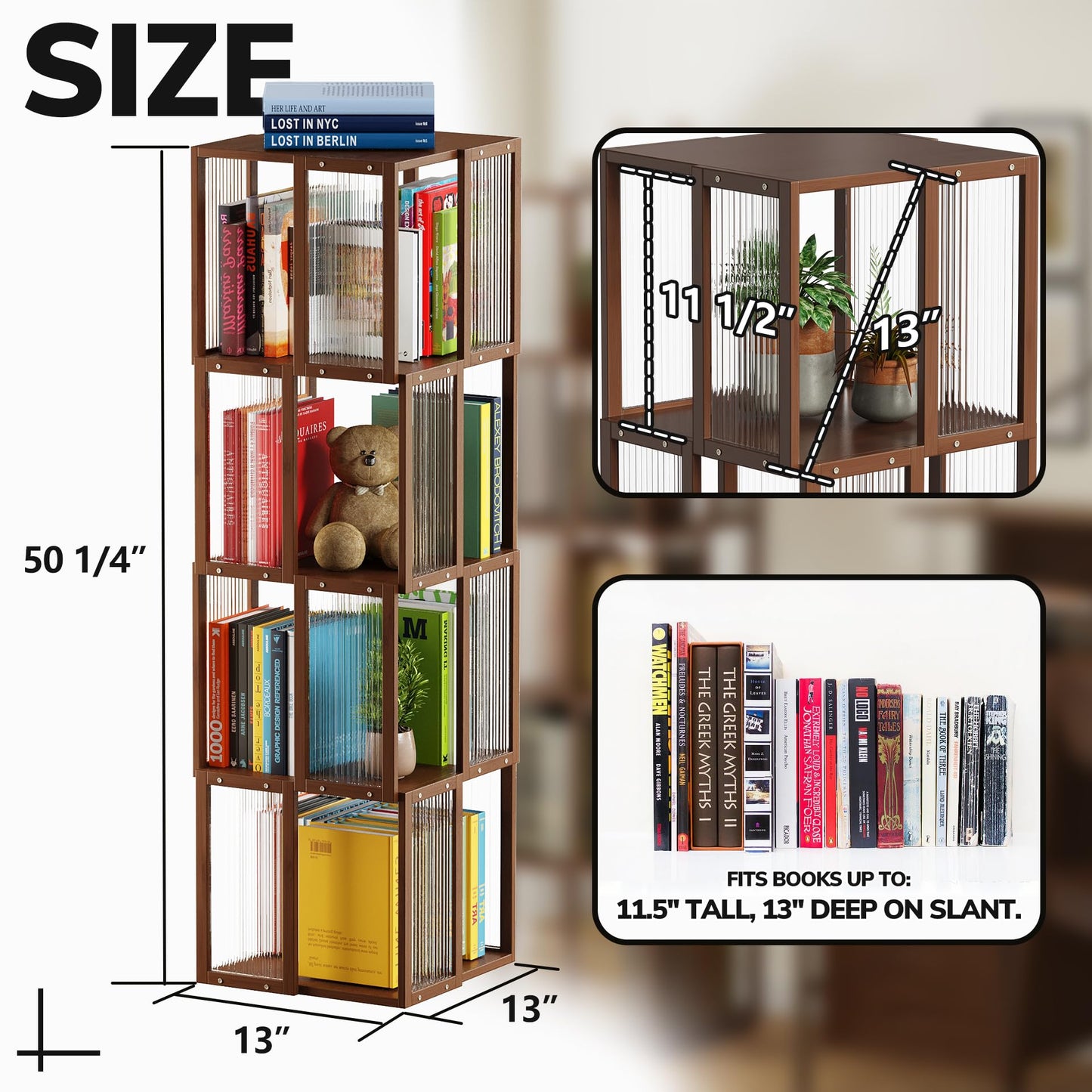 BAMEOS Rotating Bookshelf Tower 4 Tier, 360 Spinning Bookcase with Solid Wood Frame & Bamboo Finish, 4-Component Easy Assembly Corner Book Shelf for Small Spaces, Office, Bedroom, Living Room